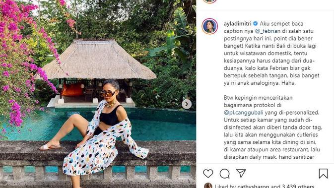 Ayla Dimitri membagikan pengalamannya saat mengunjungi Plataran Cangu Bali (Dok.Instagram/@ayladimitri/https://www.instagram.com/p/CC_FpeqjCK0/Komarudin)