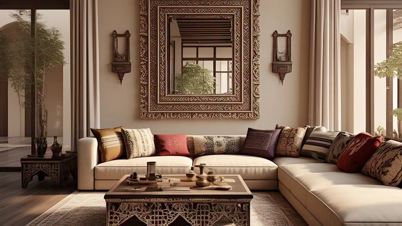 Gambar desain ruang tamu arab minimalis, yang cocok untuk wilayah tropis. (Foto: Meta AI)