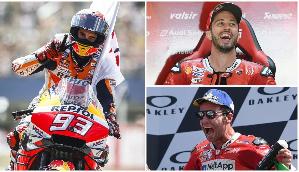 Pembalap Repsol Honda, Marc Marquez, kalah dalam duel dengan Maverick Vinales pada MotoGP Belanda. Meski kalah, Marquez justru tetap kukuh di puncak klasemen MotoGP 2019. (Foto Kolase AFP)