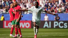 Pemain Prancis Ousmane Dembele merayakan setelah mencetak gol kedua timnya selama pertandingan perempat final Piala Dunia antara Prancis dan Maroko di Foxborough, Massachusetts, dekat Boston, Kamis, 9 Juli 2026. (AP Photo/Matt Slocum)