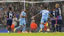 Pemain Manchester City Riyad Mahrez (kedua kiri) melakukan selebrasi usai mencetak gol ke gawang RB Leipzig pada pertandingan Grup A Liga Champions di Stadion Etihad, Manchester, Inggris, Rabu (15/9/2021). Manchester City menang 6-3. (Zac Goodwin/PA via AP)