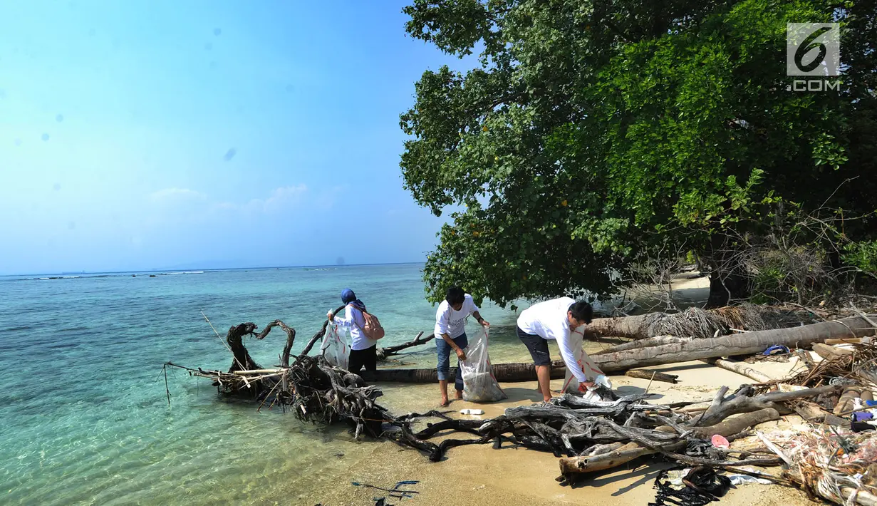 Aktivis Yayasan Kehati Jakarta  membersihkan pantai usai melakukan upacara bendera menghadap laut dalam rangka HUT ke-74 RI di Pulau Sangiang, Banten, Minggu (18/8/2019). (merdeka.com/Arie Basuki)