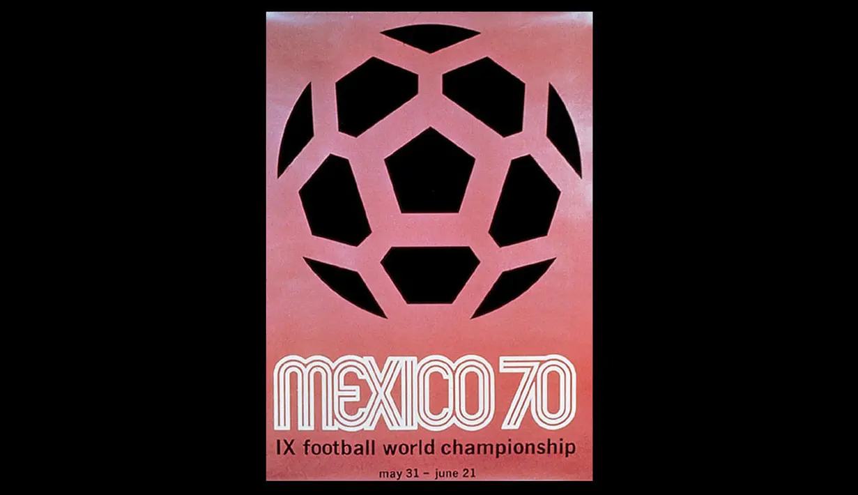 Poster Piala Dunia ke-9 tahun 1970 yang diselenggarakan di Mexico. Mozaik yang membentuk sebuah bola dengan latar merah. Brazil  keluar sebagai juara (Istimewa).