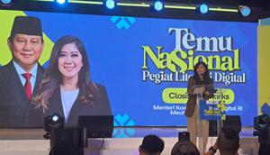 Menteri Komunikasi dan Digital Meutya Hafid di acara Temu Nasional Pegiat Literasi Digital 2025, Jakarta, Rabu (17/12/2025). (Liputan6.com/ Mevi Linawati)