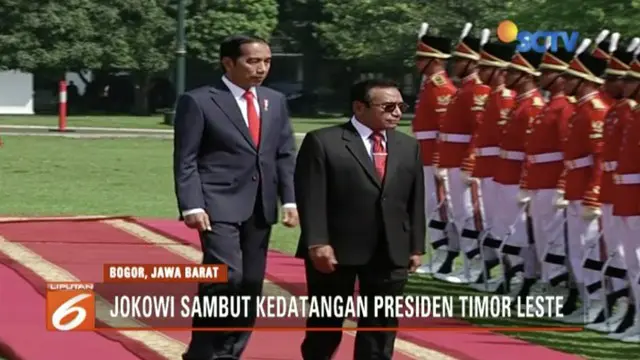 Adakan pertemuan bilateral, Presiden Jokowi sambut kedatangan Presiden Timor Leste Francisco Gutteres Lu Olo di Istana Bogor.