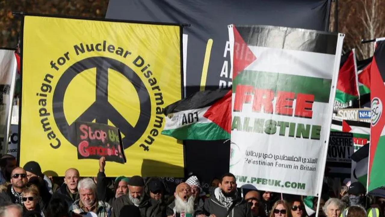 Aksi demo tersebut digelar selama gencatan senjata empat hari antara Israel dan Hamas Palestina.<br>