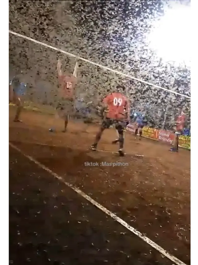 Dikerubungi Ribuan Laron, Bapak-Bapak Ini Tetap Semangat Tanding Voli di Lapangan
