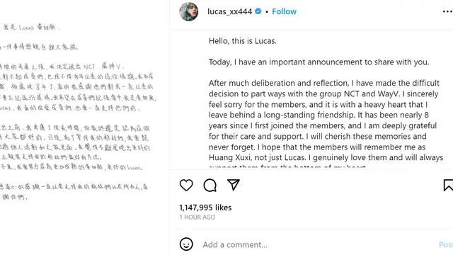 Unggahan Lucas soal keluar dari WayV dan NCT. (Instagram/ lucas_xx444)