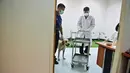 Seorang teknisi lab mengatur sampel keringat untuk anjing labrador retriever mengendus Covid-19 di Fakultas Ilmu Kedokteran Hewan di Universitas Chulalongkorn di Bangkok pada 21 Mei 2021. Penelitian dilakukan sejak awal Mei dan anjing tersebut sudah memeriksa ribuan sampel. (Lillian SUWANRUMPHA/AFP)