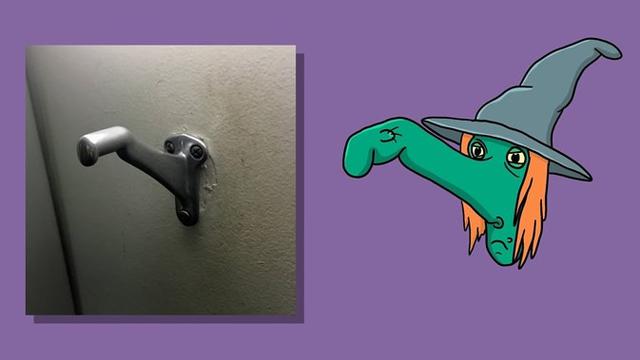 Gantungan baju diubah menjadi seorang penyihir yang berhidung panjang.