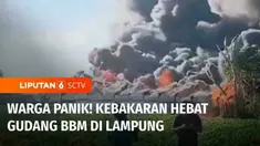 Gudang yang diduga menimbun BBM ilegal di Lampung Selatan, Lampung, terbakar Jumat sore. Besarnya kobaran api membuat panik warga sekitar.