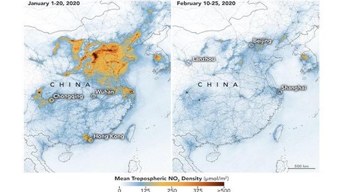 Efek Corona, 6 Citra Satelit Nasa Ini Tunjukkan Perkembangan Udara Makin Bersih (sumber: NASA)