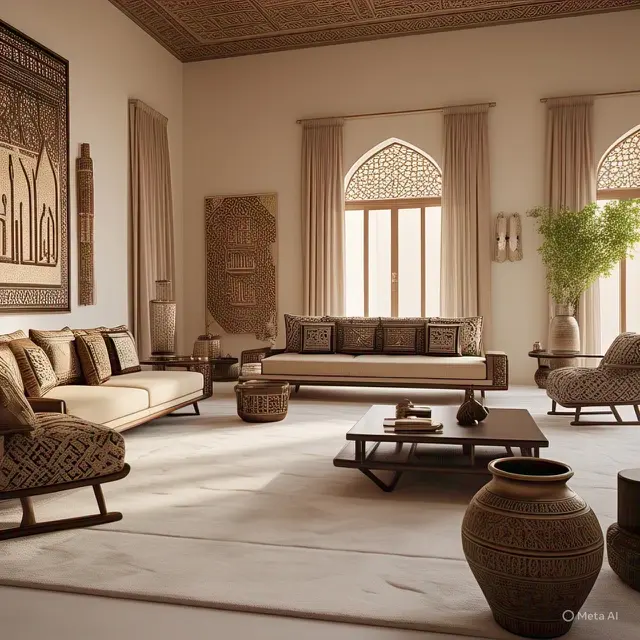Gambar desain ruang tamu arabian style alias ruang tamu khas arab. (Foto: Meta AI)