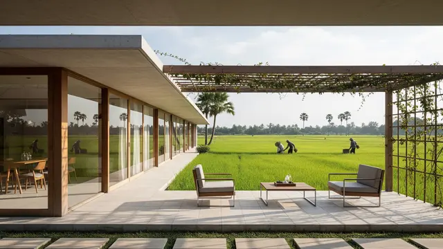 Desain Rumah Pedesaan dengan Teras Lebar Menghadap Sawah (Gambar: Gemini AI)