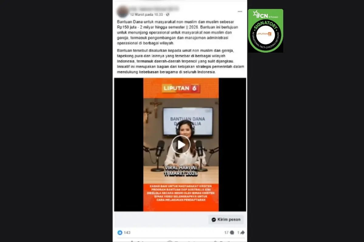 Cek Fakta Liputan6.com mendapati klaim pendaftaran bantuan dana DAP dari Australia untuk umat Kristen dan pembangunan gereja.