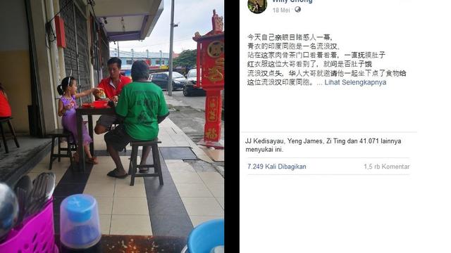 Viral Foto Ayah dan Anak Ajak Gelandangan Makan Bersama