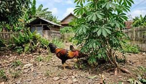 Cara Menggabungkan Ayam Kampung dan Pohon Singkong di Pekarangan. ilustrasi by AI