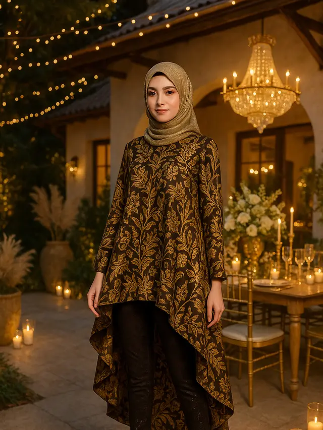 Desain Baju Gamis dan Tunik Batik Emas untuk Kondangan Glamor