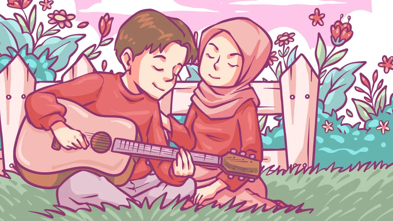Ilustrasi pasangan cinta, romantis, muslim