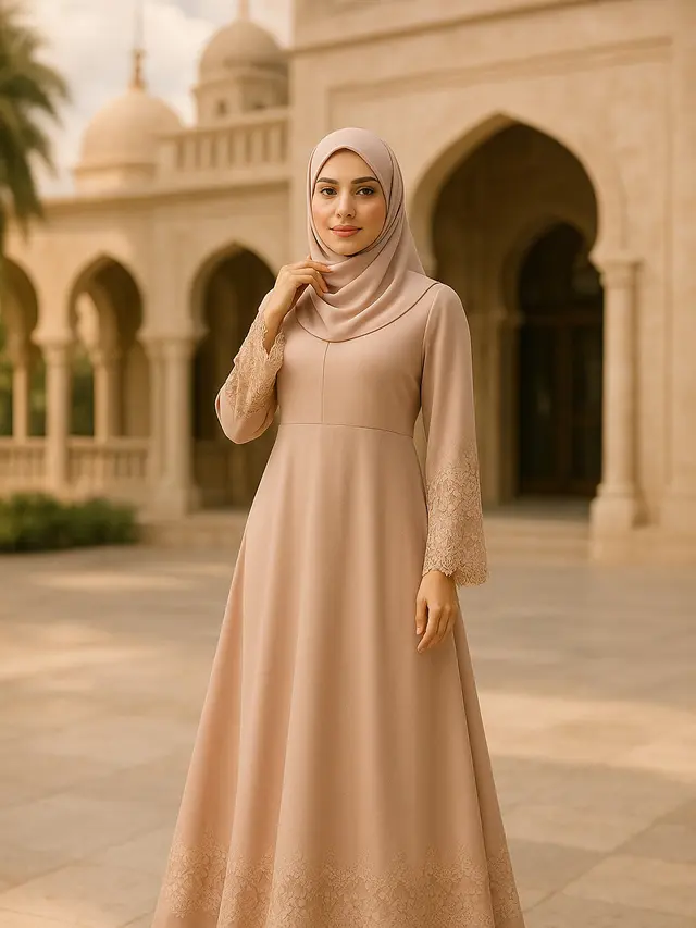 Model Gamis Syari A-Line Kombinasi Brokat Modern