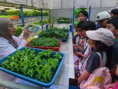 Siswa dari salah satu sekolah dasar menyimak penjelasan terkait pola dan sistem pertanian hidroponik di Ladang Farm, Lebak Bulus, Jakarta, Kamis (30/4/2026). Ladang Farm, kebun pertanian perkotaan vertikal setinggi 18 meter yang berlokasi di Lebak Bulus, Jakarta (Ladang Farm), kini menjadi pusat agro eduwisata. (merdeka.com/Arie Basuki)