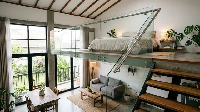 Mezzanine dengan Railing Kaca Transparan