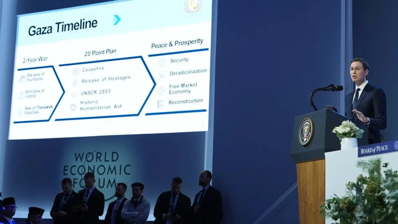 Jared Kushner berbicara setelah penandatanganan Piagam Dewan Perdamaian dalam Pertemuan Tahunan World Economic Forum di Davos, Swiss, Kamis (22/1/2026).