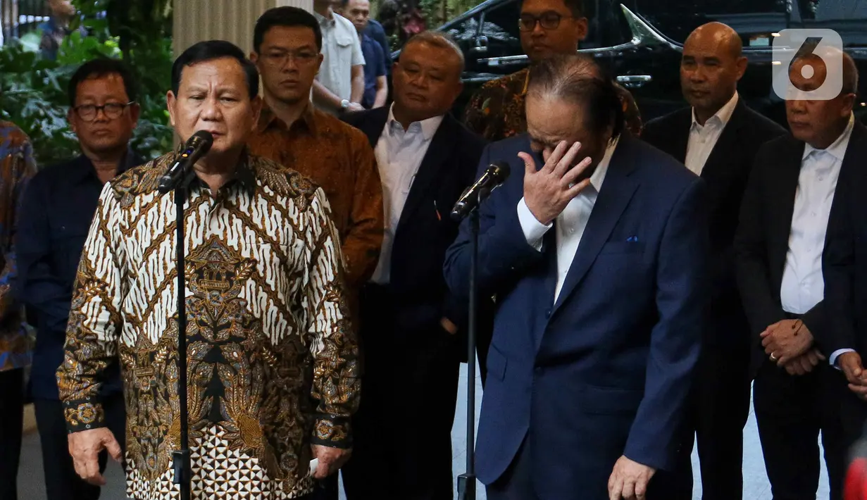 Usai pertemuan, Surya Paloh menegaskan pihaknya mendukung kepemimpinan Prabowo Subianto-Gibran Rakabuming Raka. (Liputan6.com/Herman Zakharia)