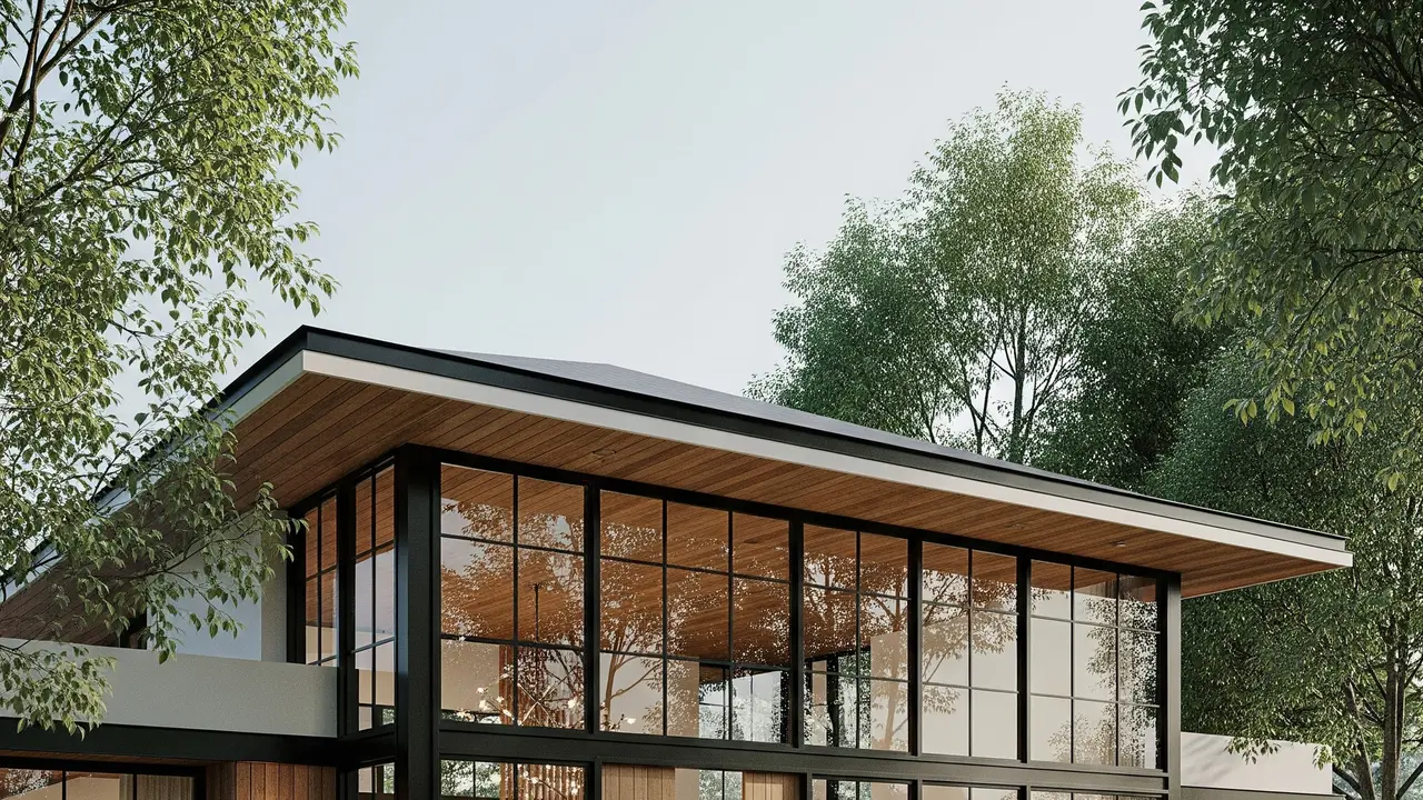 Gambar Rumah Minimalis Tampak Depan dengan Aksen Kaca Modern yang Terlihat Mewah (Image by Gemini AI)