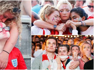 Berikut ini wajah kecewa para fans Inggris usai timnas kebanggannya gagal melaju ke final Piala Dunia 2018 setalah disingkirkan Kroasia. (Foto-foto Kolase AP)