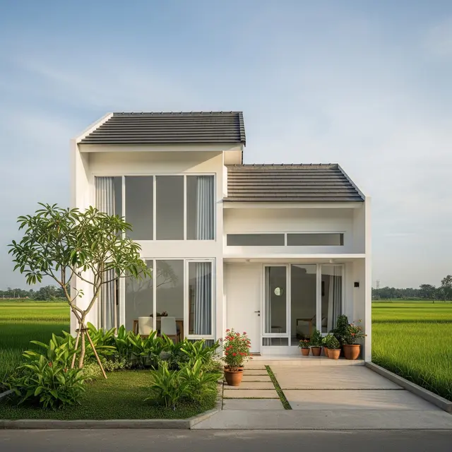 Rumah Pedesaan Minimalis Modern Atap Miring dan Taman DepanE