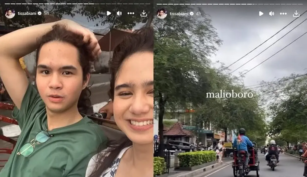 Dari video dan foto yang diunggah, pasangan yang kerap tampil romantis itu naik becak motor keliling Jogja. Salah satunya dikawasan alun-alun dan Malioboro. [Instagram/tissabiani]