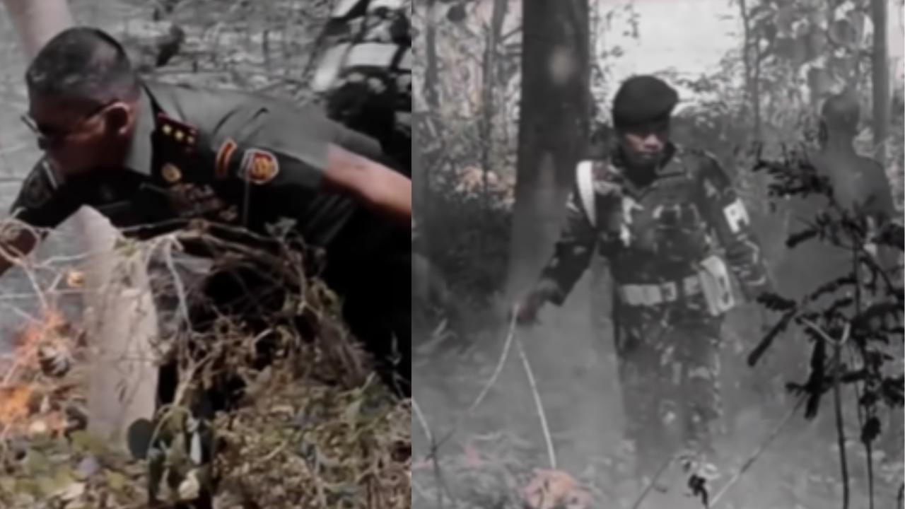 Berseragam Lengkap Bintang Dua TNI Tangani Kebakaran Lahan, Berjibaku sama Prajurit Padamkan Api