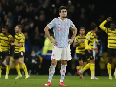 Harry Maguire melakukan kesalahan fatal saat Manchester United bertamu ke markas Watford di Vicarage Road. (AFP/Ian Kington)