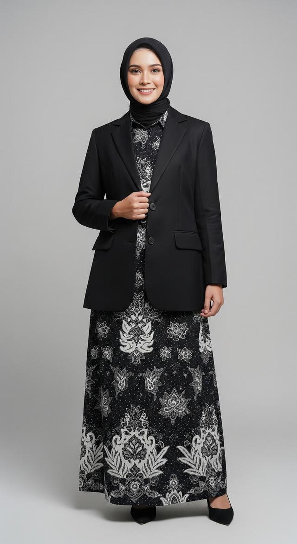 6 Model Gamis Batik Kombinasi Blazer Kantor yang Modis, Stylish untuk Wanita Karier