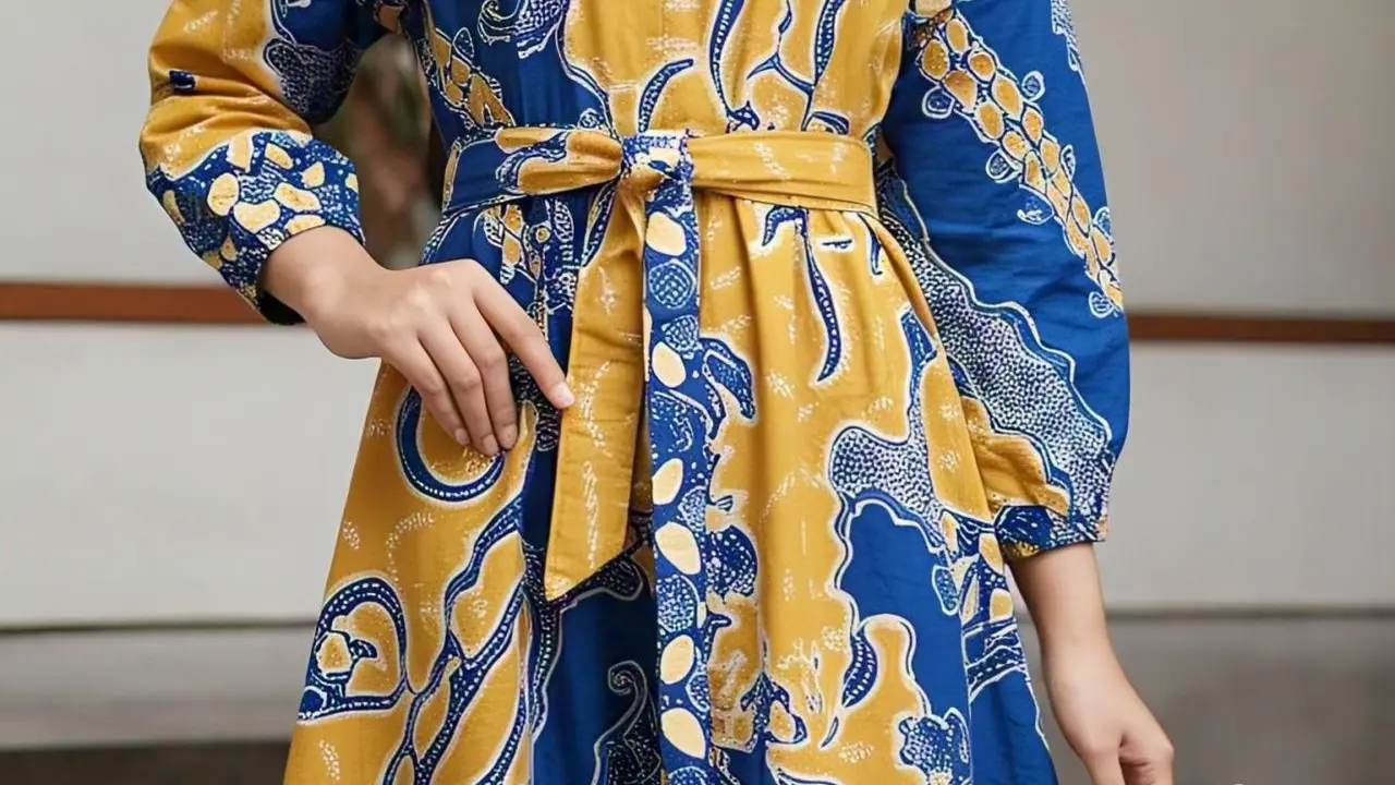 Gamis Batik Kombinasi Polos dengan Aksen Pita/Tali Pinggang