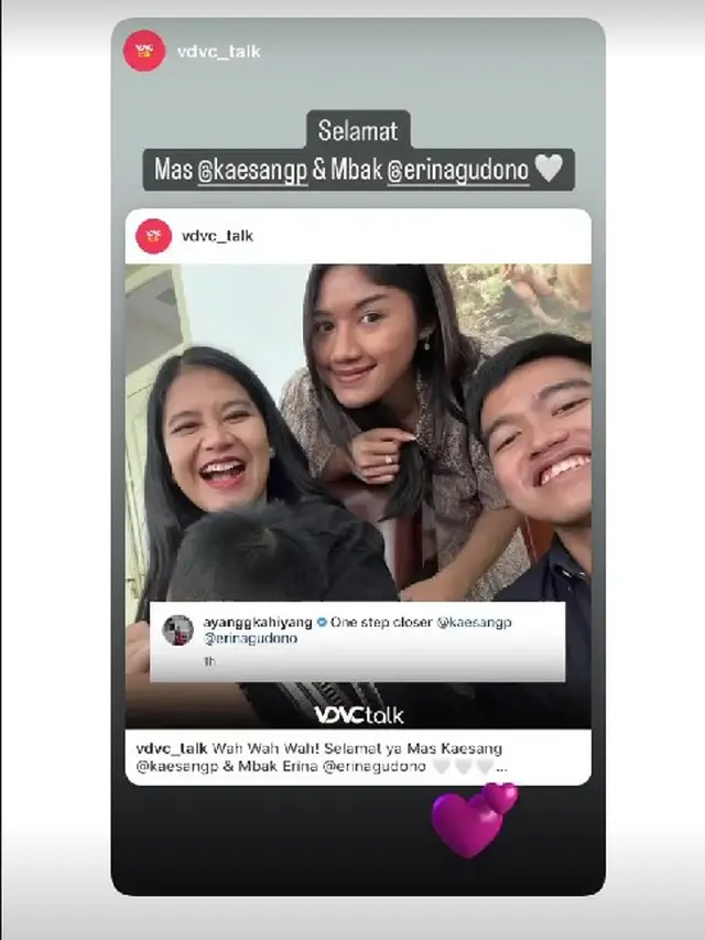 Unggahan Erina Gudono menanggapi potret bersama Kaesang Pangarep dan Kahiyang Ayu. (Instagram @erinagudono)