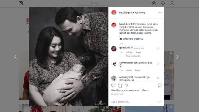 Unggahan perdana Ahok bersama sang istri Puput Nastiti Devi dan anak mereka Yosafat Abimanyu Purnama. (Instagram @basukibtp)