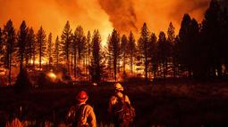 Petugas pemadam kebakaran memantau kobaran api di Kompleks Beckwourth, yang membakar di Hutan Nasional Plumas, California (8/7/2021). Periode antara 1 Januari hingga 4 Juli 2021 sudah terjadi sebanyak 4.599 kebakaran yang menghanguskan hutan seluas 297 kilometer persegi. (AP Photo/Noah Berger)