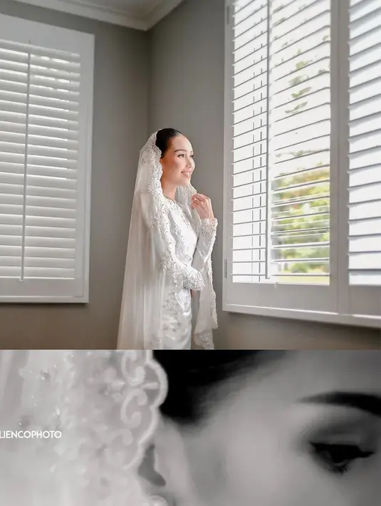 Detail bordiran bunga menghiasi seluruh baju. Ayu kemudian memadukan baju kurungnya dengan kerudung yang dengan detail bordir di tepian. [@alirncopoto]