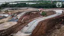 Foto udara progres pembangunan Jakarta International E-Prix Circuit (JIEC) di kawasan Taman Impian Jaya Ancol, Jakarta, Kamis (24/2/2022). Menurut PT Jakarta Propertindo pembangunan JIEC yang ditargetkan selesai dalam waktu tiga bulan itu kini telah mencapai 28 persen. (Liputan6.com/Herman Zakharia)