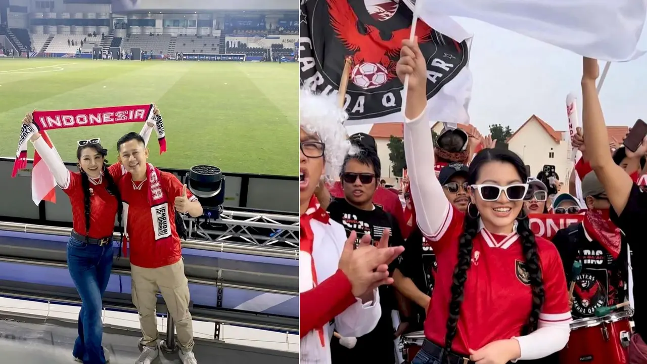 Supporter Sejati, 6 Gaya Fitri Carlina Nonton Langsung Laga Timnas Indonesia Vs Korea Selatan di Qatar