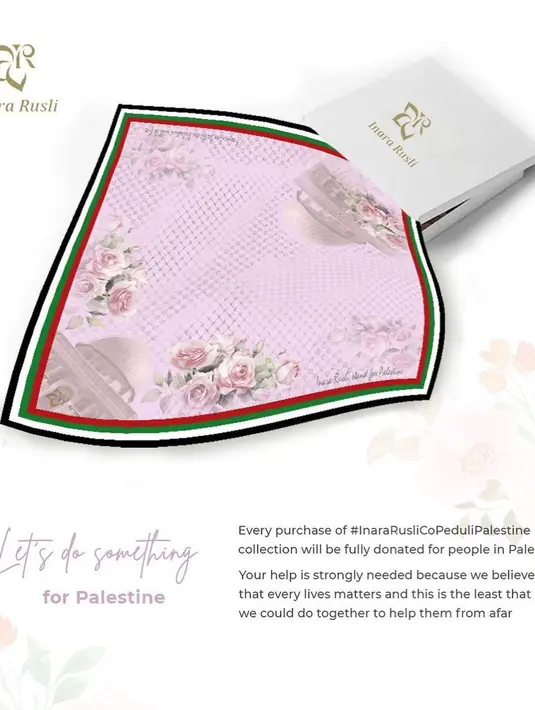Inara Rusli melalui brand hijabnya @inararusli.co, juga ikut memberikan dukungan pada Palestina dengan merilis scarf spesial. 100% hasil penjualan dari scarf berwarna pink dengan corak masjid Al-Aqsa ini akan didonasikan untuk Palestina. [@mommy_starla]