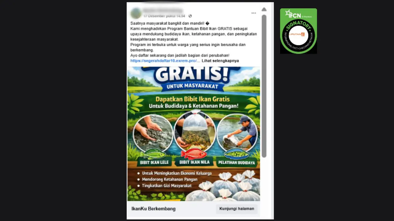 Tangkapan layar klaim link pendaftaran untuk mendapatkan bantuan bibit ikan gratis yang beredar di Facebook.