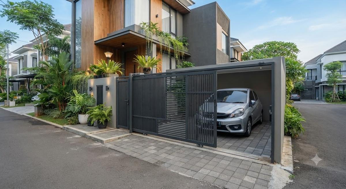 Ide Pintu Pagar Geser untuk Rumah dengan Carport Sempit (AI Generated)