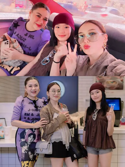 Tak hanya berdua, Ayu Ting-Ting dan Bilqis juga nonton konser bareng Vicky Shu yang pakai slim fit dress. Slim fit dress ungu itu terlihat mencolok dengan grafis BTS [@ayutingting92]