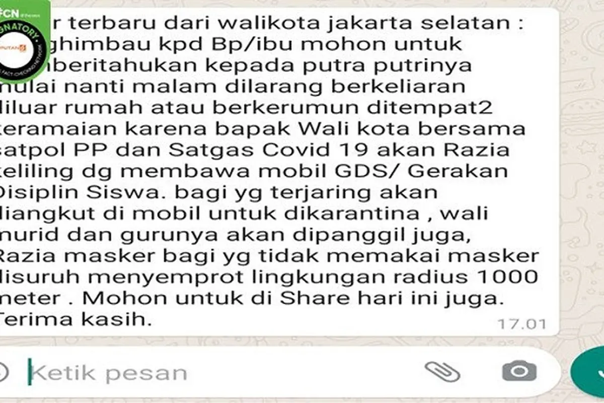 Gambar Tangkapan Layar Pesan dari Aplikasi Percakapan WhatsApp