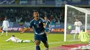 Ekspresi Sergio Aguero saat merayakan gol yang dicetak ke gawang Uruguay. (AP Photo/Andre Penner)