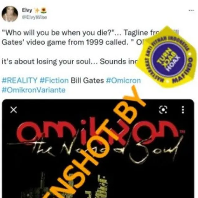 Tangkapan layar hoaks video game Omicron Bill Gates (Mafindo)