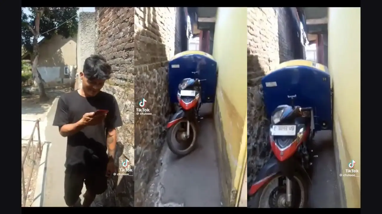 Motor Tukang Roti Menyangkut di dalam Gang Sempit